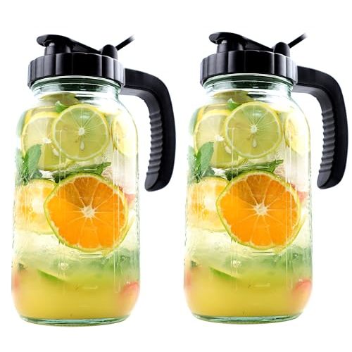 Mason Jar Pitcher 64 Oz 2 Set Sun Tea Glass Jar With Spout 2 Quart Wide Mouth Half Gallon Pitcher For Cold Brew,Fridge Breastmilk Store, Beverage Airtight Ice Tea Coffee Pitcher Water Jug Heavy Duty