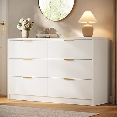 53" Wide 6 Drawer Dresser for Bedroom, Modern Simple Wood Dresser Chest of Drawers Closet Store Organizer for Living Room, Hallway (White, 15.4" D x 53.1" W x 30.9" H (6 Drawers))