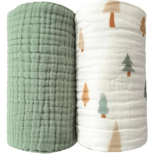 Pack of 2 Ultra Soft Cotton Muslin Baby Blanket Breathable Muslin Swaddle Blankets for Babies and Toddlers Boys Girls Newborn 43"X43" (Christmas Tree and Green)