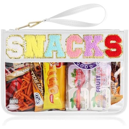Snack Bag for Travel - Clear Chenille Varsity Letter Flat Pouch with Zipper, 12.2×8.46 inch Waterproof Clear Nylon Preppy Patch Makeup Cosmetic tote Bags for Women Girls