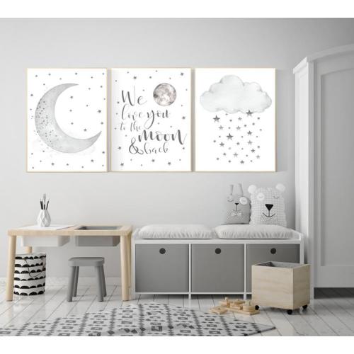 Nursery wall art grey, gray nursery, nursery decor neutral, baby room decor gender neutral, moon and stars, grey nursery decor baby room art