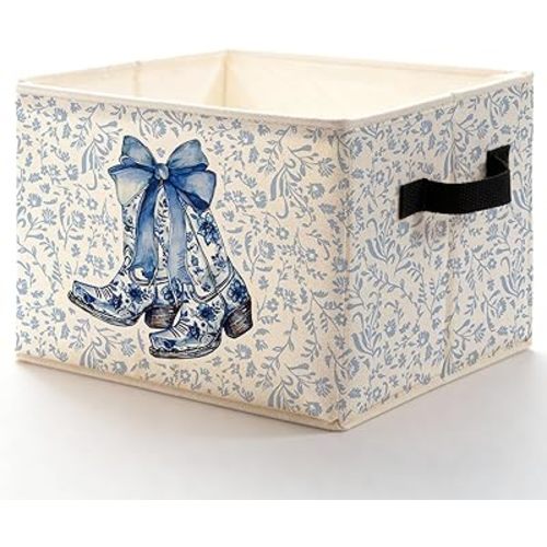 Chinoiserie Floral Western Storage Bins Box, Toybox for Girls, Blue Bow Cowgirl Boots Western Foldable Baskets Organizer with Handles for Girls Dorm Bedroom Bathroom Clothes Toys Books