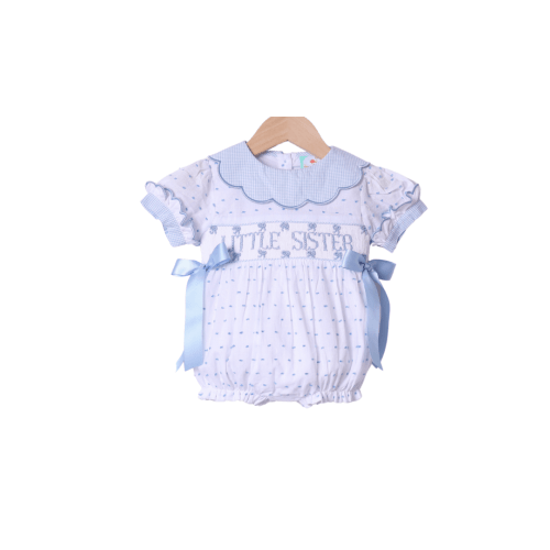 The Smocked Flamingo Smocked Little Sister Blue and White Swiss Dot Bow Bubble - 3M