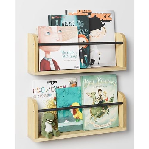 Tall Nursery Floating Shelves for Wall, 2-Pack Natural Wood Book Shelf for Kids Rooms, Nursery Furniture for Toddler, Child-Safe Edges & Space-Saving Wall Mount