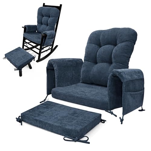 5 PCS Glider Rocker Replacement Cushions with Storage Side Pocket, Luxuriy Chenille Fabric Foam & Microfiber Filling, Thickened & Supportive Rocking Chair Cushion Set, Dark Blue