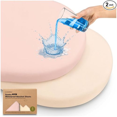 2-pk Waterproof Bassinet Sheets Girls, Boys, Cotton - 33x17 Universal Bassinet Mattress Pad Protector Cover, Compatible with Graco, Baby Delight, Chicco, Halo Bassinest Swivel Sleeper Fitted (Cameo)