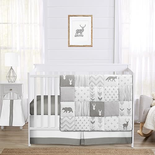 Sweet Jojo Designs Grey and White Woodsy Deer Boy, Girl, Unisex Baby Crib Bedding Set 4 Pieces