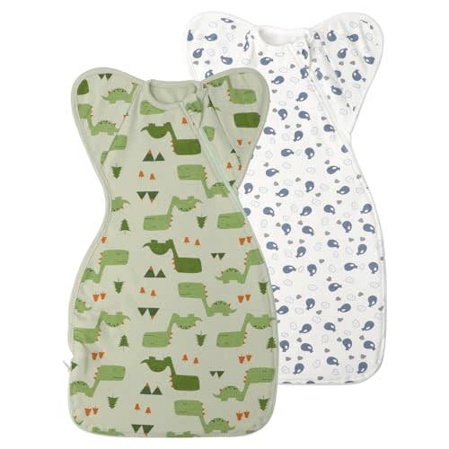 Premium Soft Cotton Swaddle Blanket Sleep Sack Arms Up Design 2 Packs 3-6 Months, Hands Up 3-Way Transitions to Arms-Free Wearable Sleeping Sack Bag for Baby Boys Girls Snug Fit Calms Startle Reflex