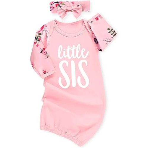 AMAWMW Newborn Baby Girl Little Sister Sleeper Gown Stripe Long Sleeve Nightgown Pajamas Gifts Stuff Essential Outfit