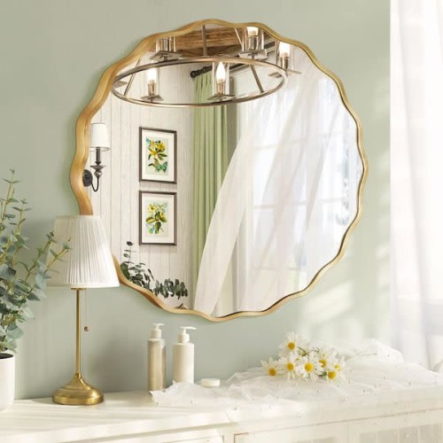 23.5 in. W x 23.5 in. H Round Gold Aluminum Alloy Framed Scalloped Wavy Wall Mirror