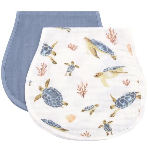LifeTree Muslin Baby Burp Cloths - 2 Pack 70% Viscose from Bamboo and 30% Cotton Large 22'' by 10'' Absorbent Milk Spit Up Rags - Burping Cloths for Newborn, Girls Boys, Sea Turtle & Solid Blue