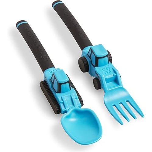 Dinneractive Utensil Set for Kids – Construction Themed Toddler Forks and Spoons, Toddler Utensils – 2-Piece Set – Blue Construction Utensils for Toddlers - Loader & Tractor Toddler Spoons and Forks
