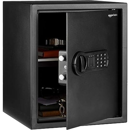 Amazon Basics Steel Home Security Safe with Electronic Keypad, Programmable Combination Lock for Documents, Jewelry, Valuables, Removable Shelf, 1.52 Cubic Feet, Black, 13.8"W x 13"D x 16.5"H
