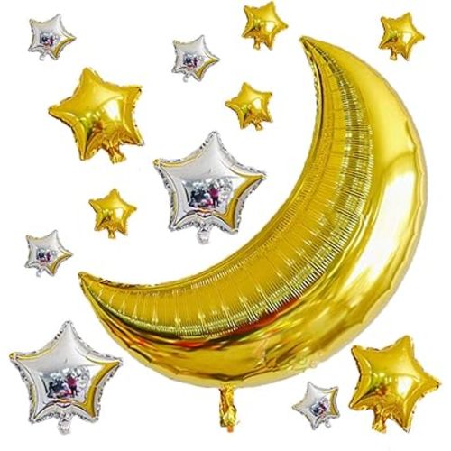 12 pcs Moon Star Mylar Balloons, 36inch Big Gold Moon Balloons and Silver Star Foil Balloon for Baby Shower Birthday Wedding Party Decorations