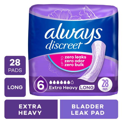 Always Discreet Adult Incontinence Pads for Women, Extra Heavy Absorbency, Long Length, Postpartum Pads, 28 Count HSA/FSA Eligible