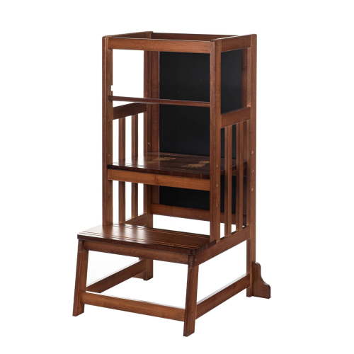 UNICOO® Bamboo Adjustable Height Kids Learning Step Stool, Toddler Kitchen Standing Tower, Montessori Style Kitchen Step Stool with Double-Side Art Board for Creative Play (D057-Antique Brown)