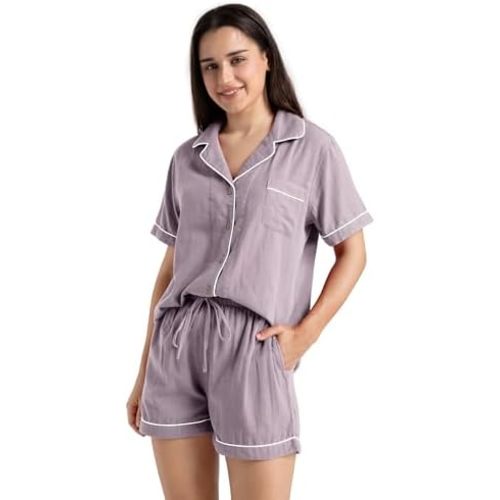 Womens Pajama Sets 100% Gauze Cotton Linen Like Muslin Pajamas Short Sleeve Button Sleepwear Bride Soft Pj Lounge Set