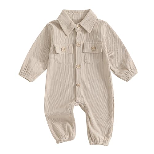 Karuedoo Newborn Baby Boy Girl Clothes Corduroy Long Sleeve Button Up Romper Jumpsuit Collared Bodysuit Fall Winter Outfit