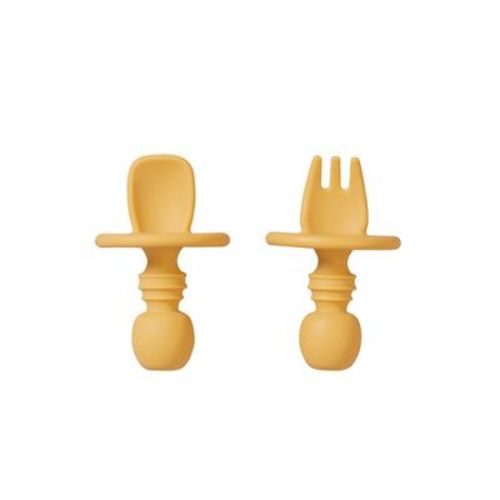 SARO “Nordic” Mustard Training Utensil Set: Silicone Ergonomic Spoon & Fork for Toddler Self-Feeding | Anti-Choke Safety Utensils