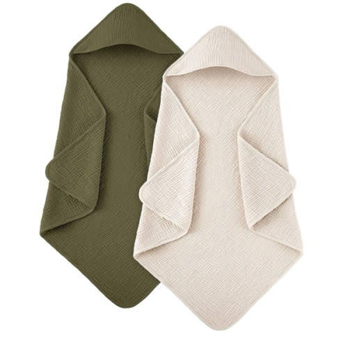 Susurration Muslin Hooded Baby Bath Towels for Newborn Baby, 100% Muslin Cotton Baby Towels for Unisex Baby Boys Girls Infants - 30x30in 2Pack (Olive&Cream)