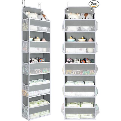 Yecaye 2 Pc Over The Door Organizer with 5 Bins 10 Side Pockets, 44lbs Load Hanging Bathroom and Bedroom Organizer, Behind The Door Hanging Organizers for Nursery Newborn Baby Essential Stuff Grey