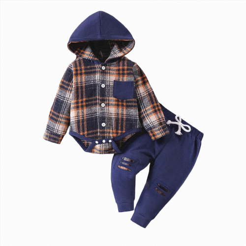 Gerichy Toddler Baby Boy Clothes Infant Plaid Long Sleeve Button Down Jacket Top Shirt Romper Pants Pocket Fall Winter Outfits 0-18 Months
