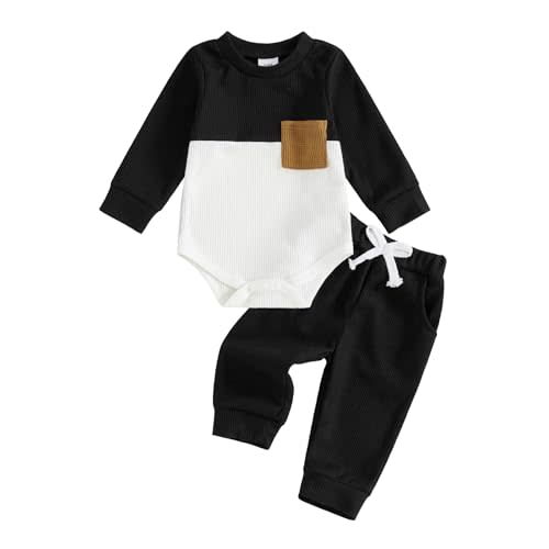 allshope Newborn Baby Boy Fall Outfit Romper Long Sleeve Solid Jumpsuit Bodysuit Elastic Waist Pants Infant Waffle Clothes