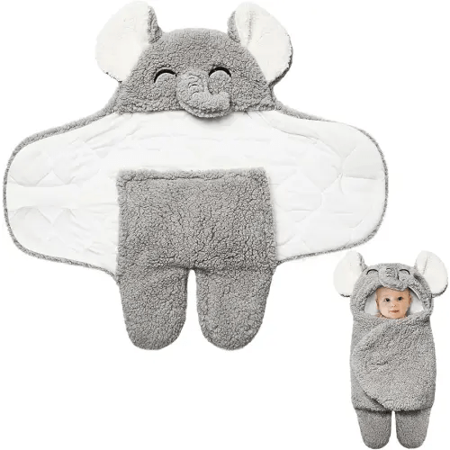 Riyiper Elephant Baby Swaddle Blanket Adjustable Thick Fleece Plush Baby Winter Clothes Soft Newborn Gift Essential for Infants 0-6 Months Warm Newborn Receiving Blankets for Boys Girls Registry Gift