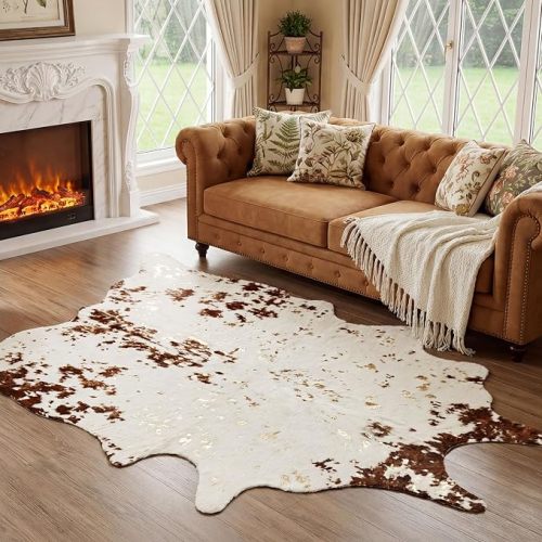 JONIYEAR Large Durable Faux Cowhide Area Rug 4.9 x 6.56 Feet, Premium Cow Print Rug for Living Room Bedroom, Durable Faux Fur Animal Cow Hide Carpet for Western Farmhouse Decor, Brown and White