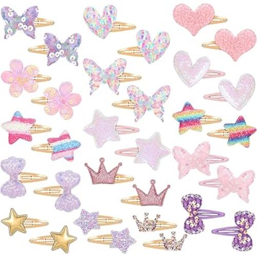 16 Pcs Hair Clips for Teens,Sparkly Metal Snap Barrettes, Cute Glitter Toddler Flower/Star/Crown/Heart/Butterfly Hair Accessory Multicolor Shaped Hair Accessories