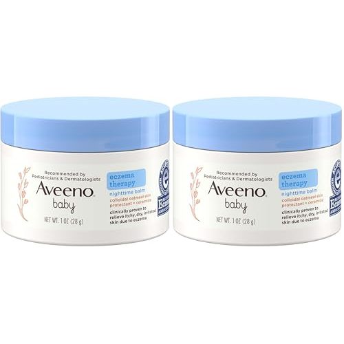 Aveeno Baby Eczema Therapy Nighttime Moisturizing Balm, Colloidal Oatmeal & Ceramide, Soothes & Relieves Dry, Itchy Skin from Eczema, Hypoallergenic, Fragrance-Free, Travel Size, 1 oz (Pack of 2)