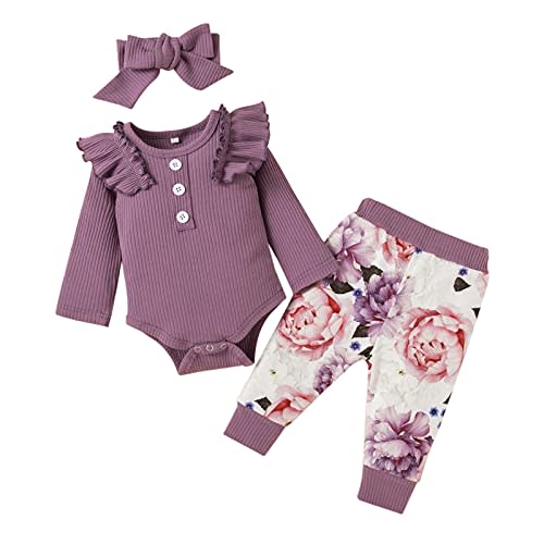 DaMohony Newborn Infant Baby Girl Clothes Ruffle Sleeve Romper Pants Set Toddler Girl Floral Cotton Girls' Clothing Outfit 0-3M