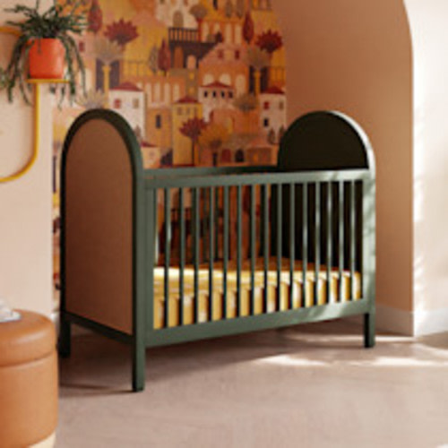 babyletto Bondi 3-in-1 Convertible Crib with Toddler Bed Conversion Kit - Forest Green With Natural Cane
