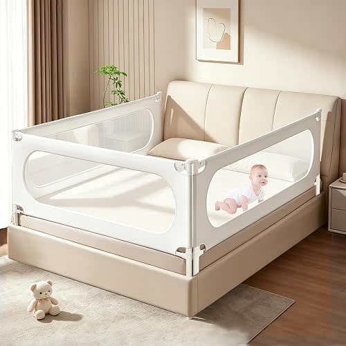 3 Piece Bed Rail for Toddlers, Bed Rails for King Bed, Double Lock Kids Bed Guard with Seamless Fit, Single-Side Lifting Design, Breathable Mesh & Thick Padded Cover (78.7*78.7*59 Inch- Queen Size)