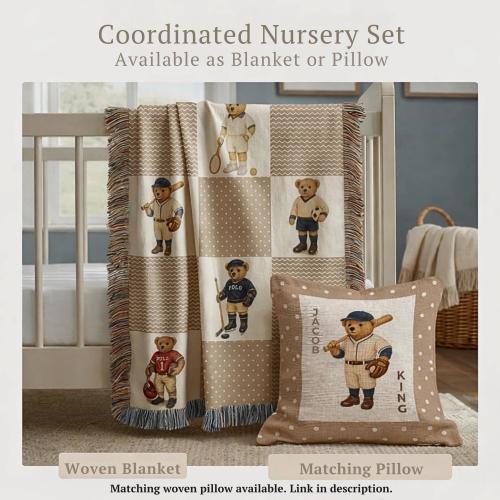 Personalized Sports Teddy Bear Blanket, Custom Name Baby Boy Sports Quilt, Vintage Teddy Athlete Nursery Decor, Baby Shower Gift boys