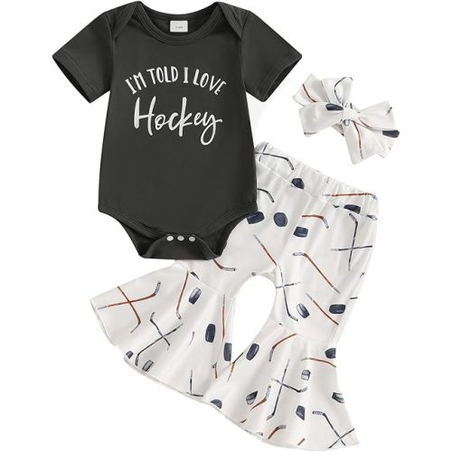 Newborn Baby Girl Hockey Clothes I'm Told I Love Hockey Romper Bell Bottom Flare Pants Set 3Pcs Infant Fall Outfits