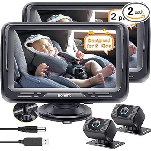 Baby Camera for Car 2 Pack - Dual HD 1080P Monitors with Night Vision, Adjustable Angles, Glare-Free Display, Easy Installation for Two Vehicles, Ideal for Road Trips