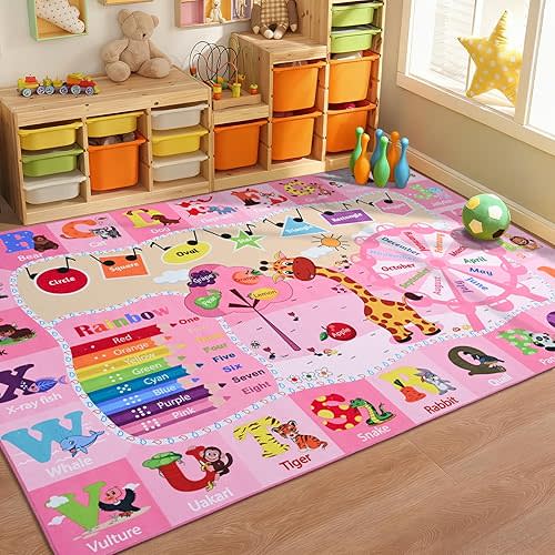 Kids Rugs for Playroom Bedroom Classroom Nursery, Non-Slip and Washable Rugs for Children Toddlers Girls, Educational and Fun Rug Carpets with ABC Alphabet Animals Shapes, 5x7, Pink