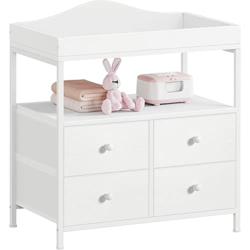 BOLUO Changing Table Dresser with 4 Fabric Drawers and Open Shelf, Baby Dresser with Changing Table Top Diaper Changing Station with Storage for Nursery Modern (White)