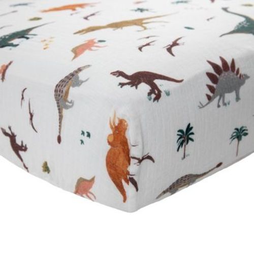 Red Rovr Organic Cotton Muslin Crib Sheet - Dino Days: Fits 9" Depth, Dinosaur Pattern, Standard Crib Size