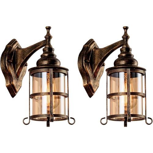 Rustic Amber Glass Wall Sconce 2-Pack, Bronze Brushed, Industrial Farmhouse Lamp Porch Lighting Waterproof Retro Lamp for Indoor Bedroom Living Room Outdoor（NO Bulb）