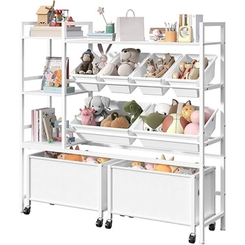 Toy Storage, Large Kids Toy Organizer with 6 Removable Storage Bins, 2 Toy Boxes with Wheels, 3-Tier Toy Storage Shelf for Kids Room, Playroom, Bedroom, Nursery, White SCBW12001