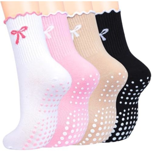 Toes Home Pilates Socks for Women, Grip Yoga Crew Socks, Non Slip Socks