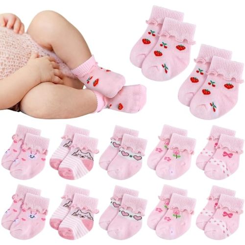 Toulite 12 Pairs Preemie Newborn Baby Ankle Socks Ruffle Turn Cuff Cotton Non-slip Warm Socks for Girls and Boys Infant