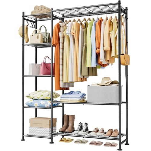 Sakugi Closet Organizers and Storage - Free-Standing Clothes Rack with Leveling Feet & Wall-Anchor Straps, Wardrobe Closet with 6 Hooks for Bedroom, Living Room, Laundry, 48.8"×12.6"×62.2", Black