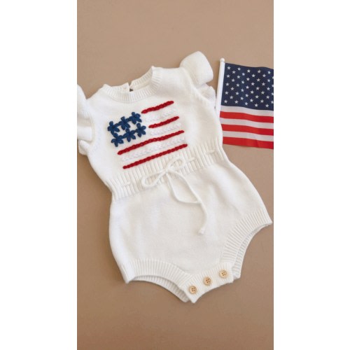 Fourth Of July Romper Handembroidered Patriotic Romper USA Flag embroidered romper