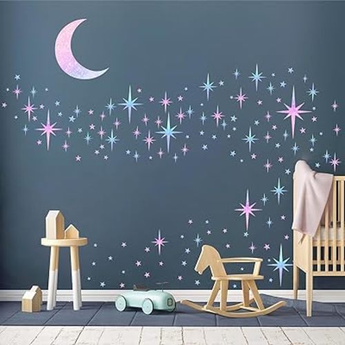 Retro Star Wall Decals Sparkle Wall Decals Peel and Stick Rainbow Star Moon Wall Stickers Starburst Wall Decor for Kids Room Colorful Star Art Murals Wallpaper for Ceiling Baby Bedroom Nursery Decor