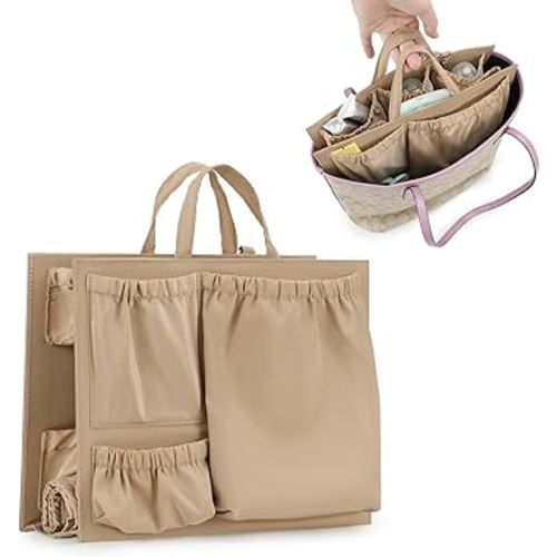 Lmbabter Removable Organizer Insert with Insulated Pocket,Updated Diaper Bag with 11 Total Pockets&Changing Pad, Handbag Tote Bag for Women Mommy Nurse (Brown)