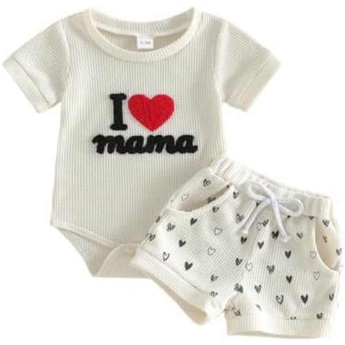 Douhoow Baby Boy Summer Outfits Short Sleeve Mamas Boy Embroidery Baby Waffle Romper Shorts Set Infant Festival Clothes