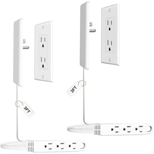 2 Pack 3FT Flat Plug Extension Cord Power Strip, White